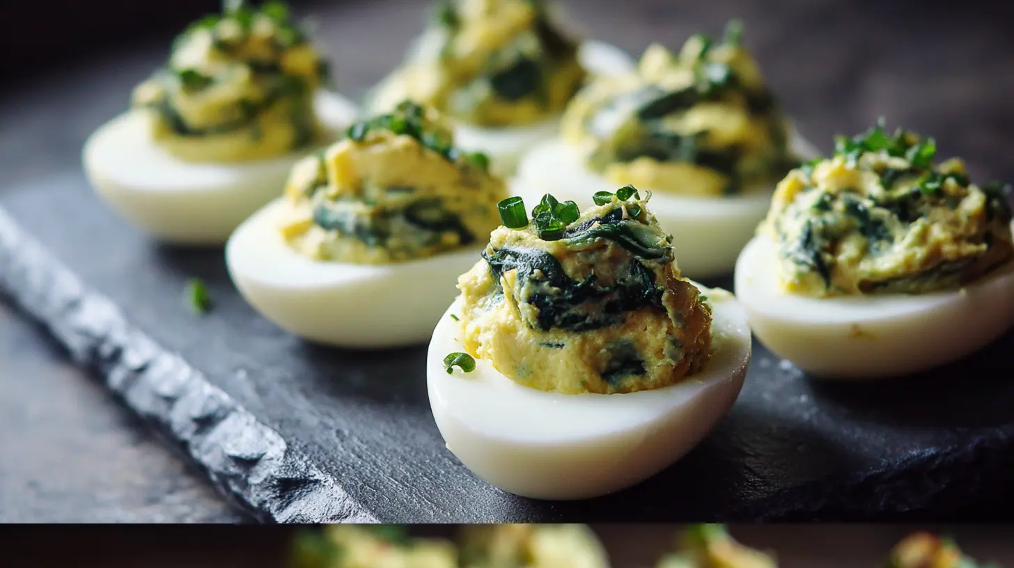 Keto spinach artichoke deviled eggs featuring creamy filling
