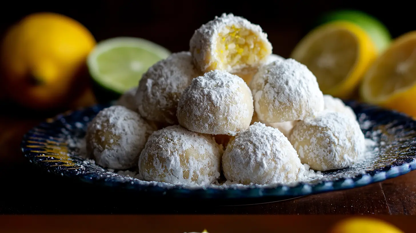 Lemon Cream Snowball Cookies dusted generously with powdered sugar on a white background