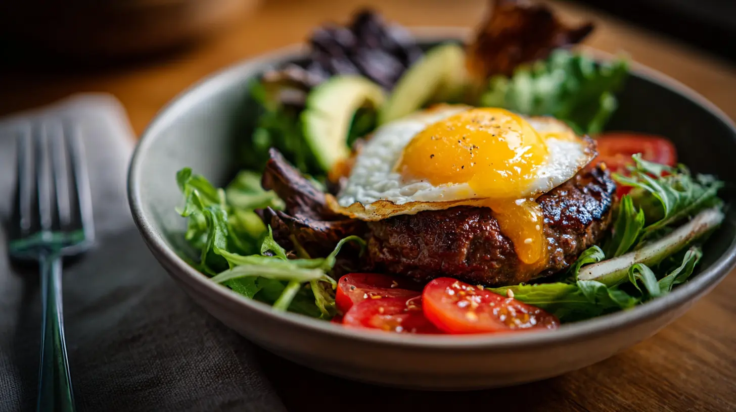 A colorful loaded burger bowl featuring ground beef, crisp lettuce, tomatoes, and a variety of toppings served in a ceramic bowl.