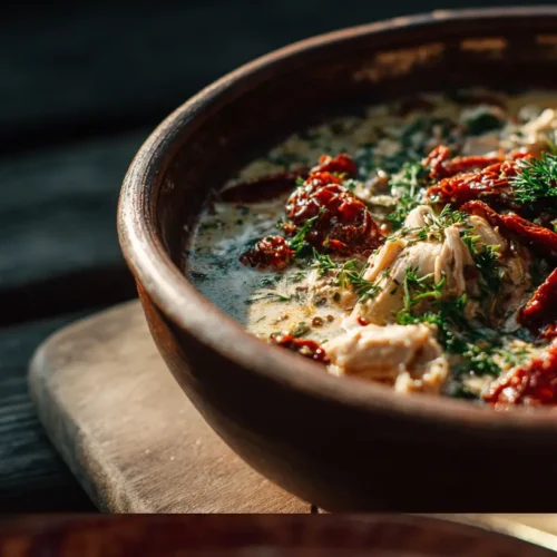 A steaming bowl of Marry Me Tuscan Chicken Soup with creamy broth