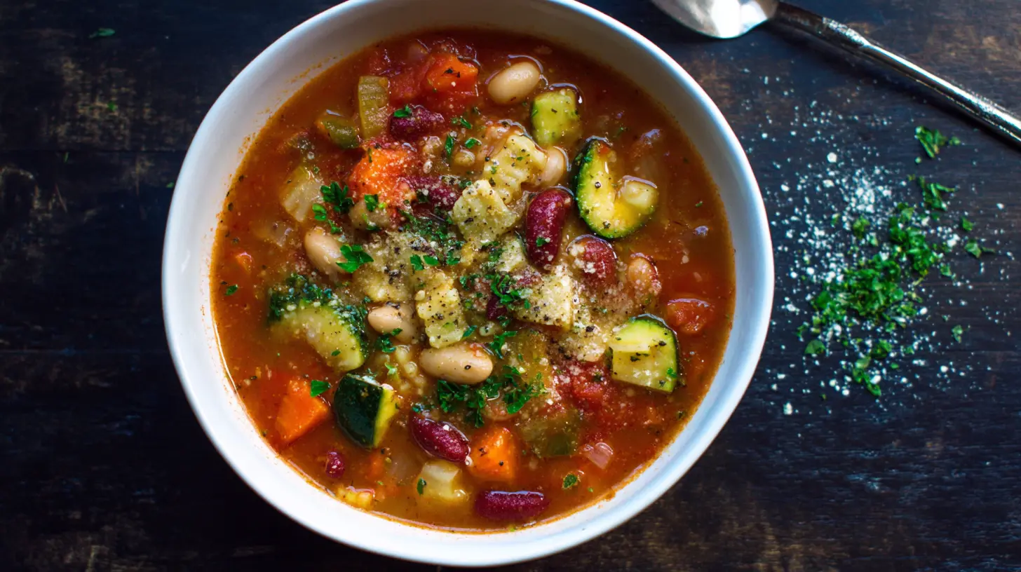 A steaming bowl of hearty Minestrone Soup with fresh vegetables