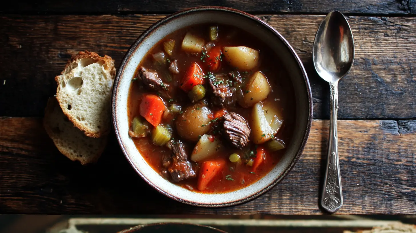A steaming bowl of old fashioned vegetable beef soup, rich with hearty ingredients