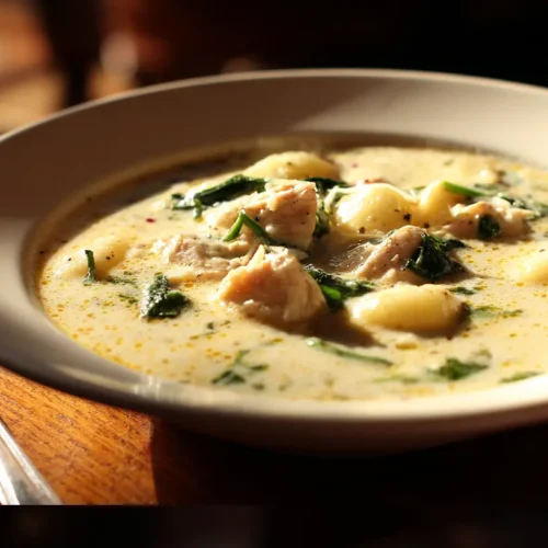 A steaming bowl of Olive Garden Chicken Gnocchi Soup, rich with chicken, gnocchi, and vegetables.