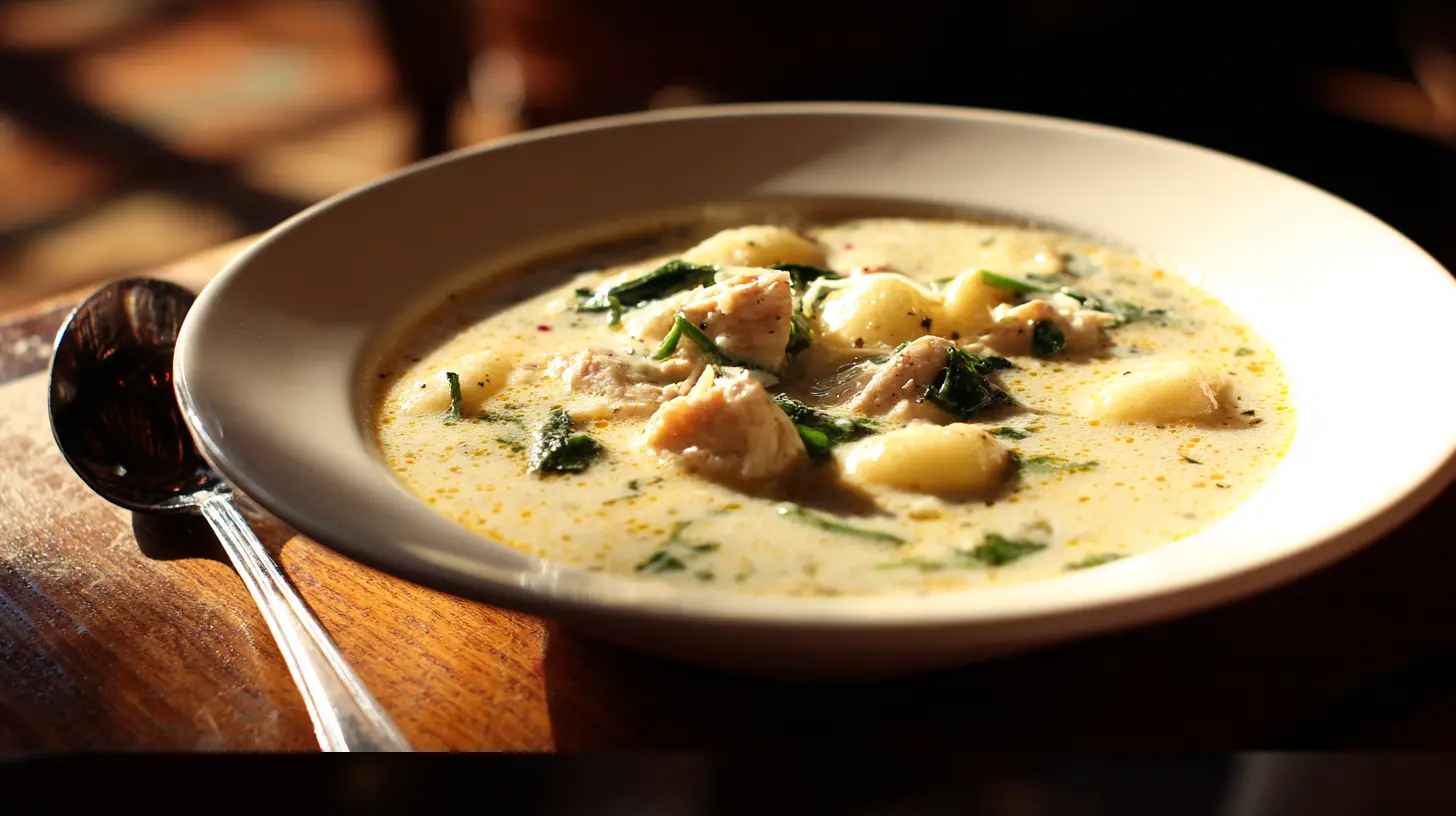 A steaming bowl of Olive Garden Chicken Gnocchi Soup, rich with chicken, gnocchi, and vegetables.