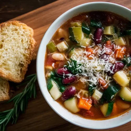 A steaming bowl of Olive Garden Minestrone Soup, rich with vegetables.