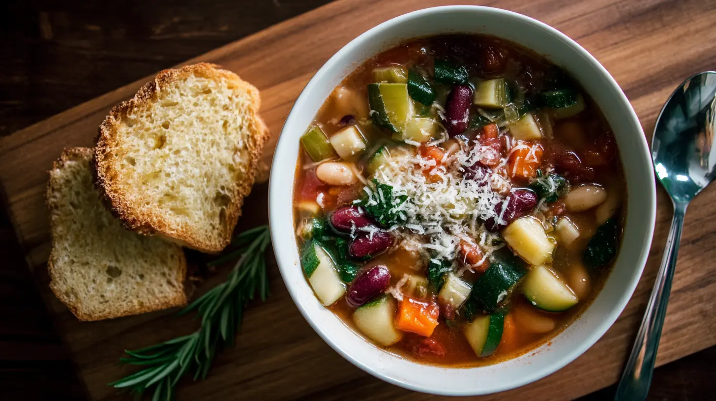 A steaming bowl of Olive Garden Minestrone Soup, rich with vegetables.