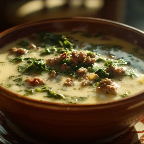 A bowl of Olive Garden Zuppa Toscana soup, rich with sausage and kale