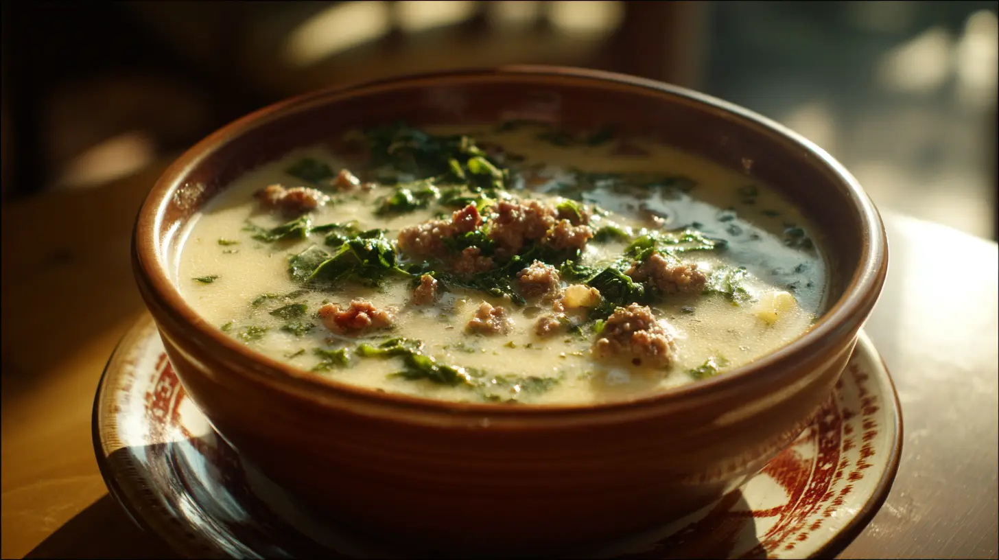 A bowl of Olive Garden Zuppa Toscana soup, rich with sausage and kale