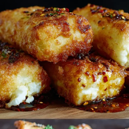 Oven fried feta rolls drizzled with chili honey on a serving platter looking golden and crispy.