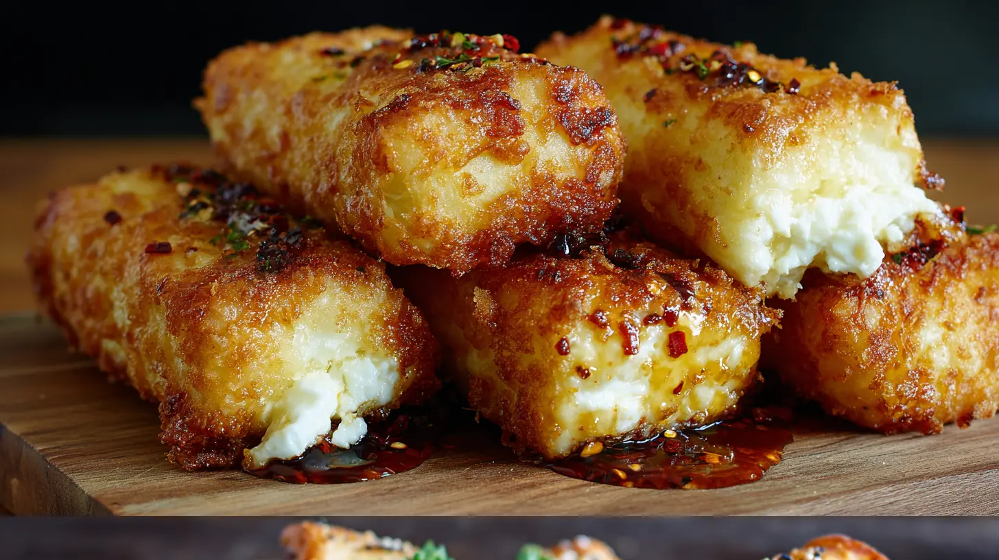 Oven fried feta rolls drizzled with chili honey on a serving platter looking golden and crispy.