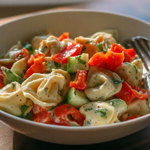 A vibrant roasted red pepper and parmesan tortellini salad in a serving bowl.