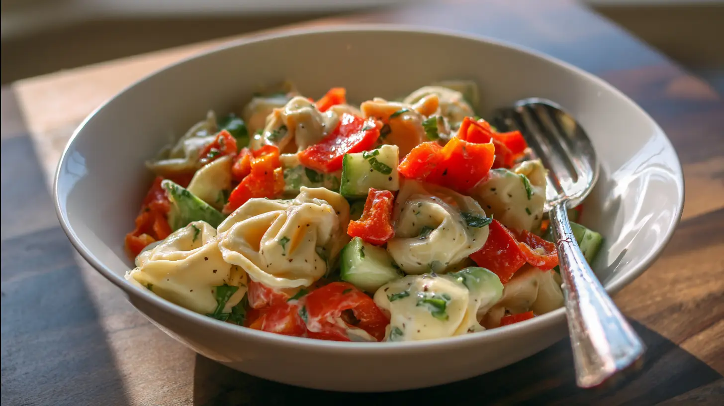 A vibrant roasted red pepper and parmesan tortellini salad in a serving bowl.