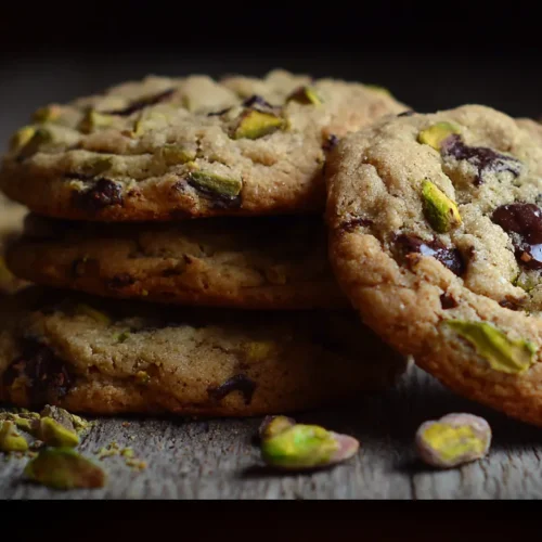 Freshly baked salted pistachio dark chocolate chip cookies on a cooling rack.