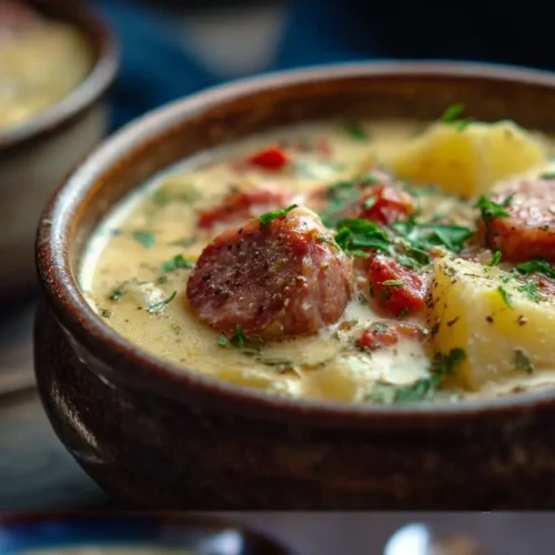 A bowl of hearty sausage potato soup with fresh herbs