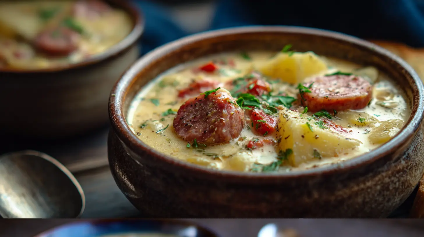 A bowl of hearty sausage potato soup with fresh herbs