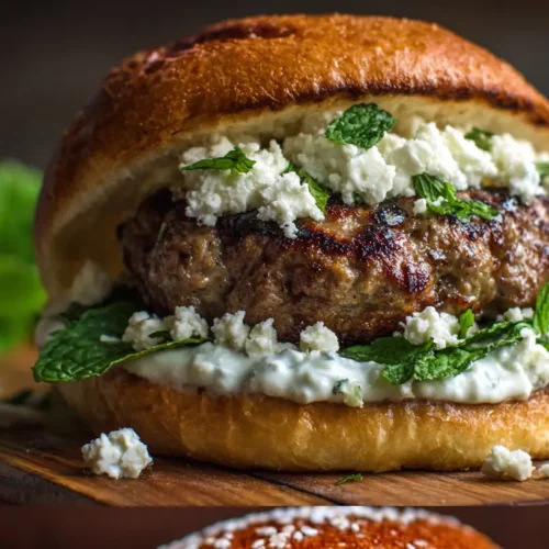 A juicy Greek burger patty, seasoned with herbs and spices
