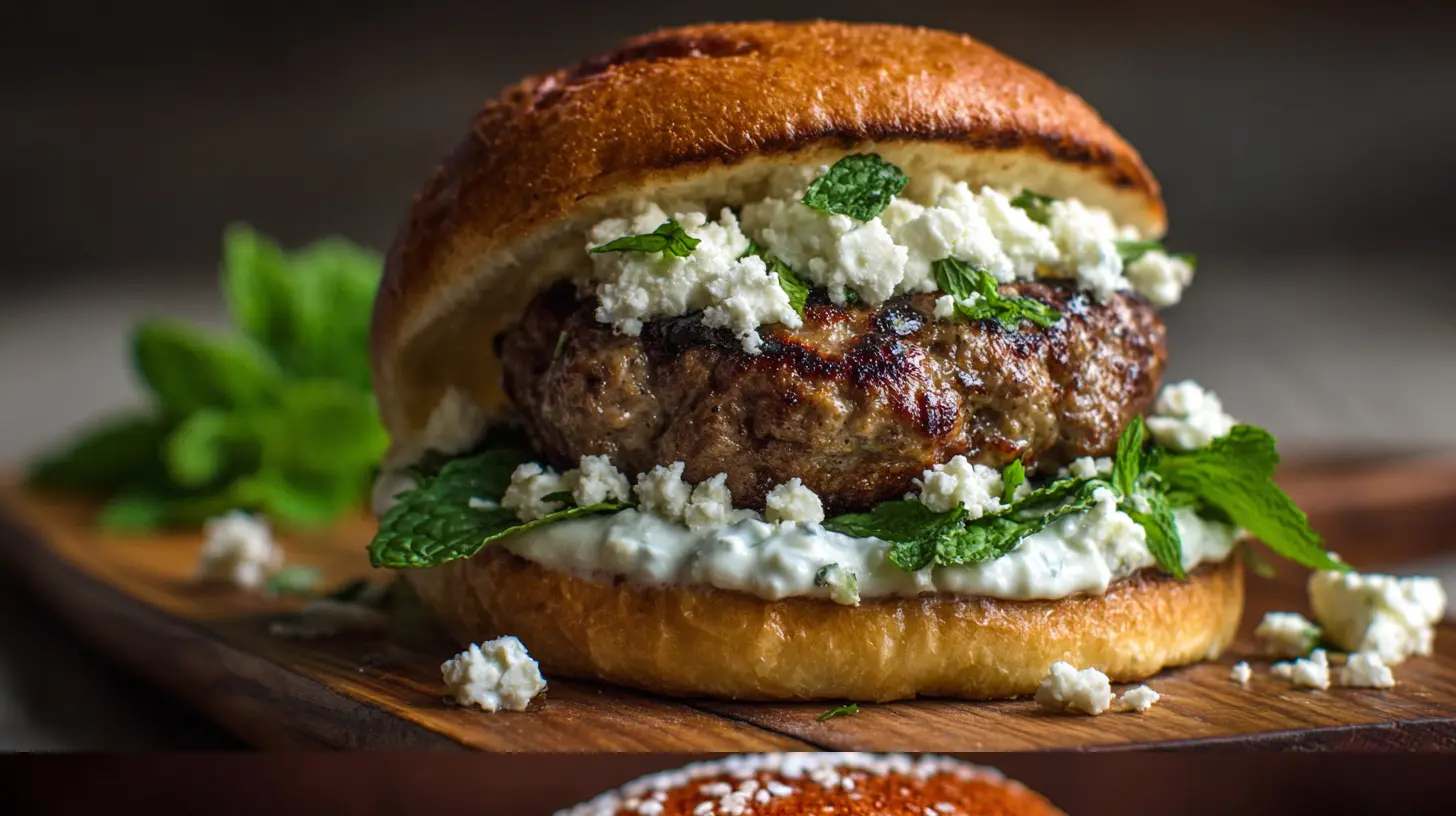 A juicy Greek burger patty, seasoned with herbs and spices