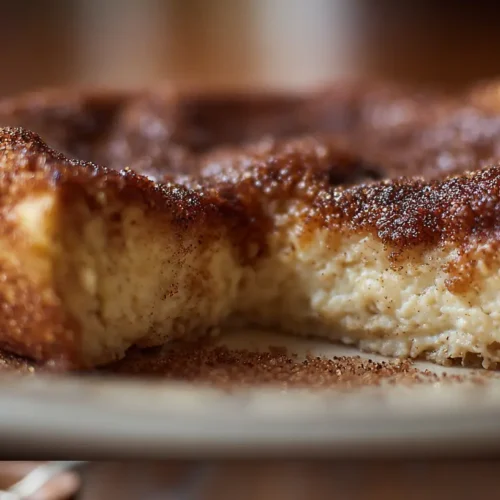 A Simple Churro Cheesecake drizzled with caramel sauce on a serving platter.