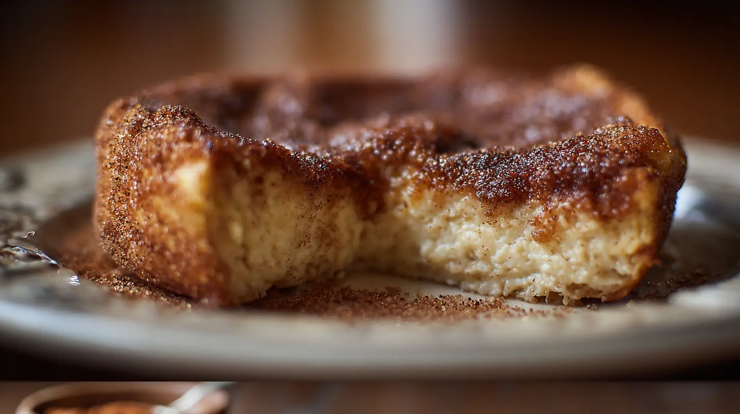 A Simple Churro Cheesecake drizzled with caramel sauce on a serving platter.