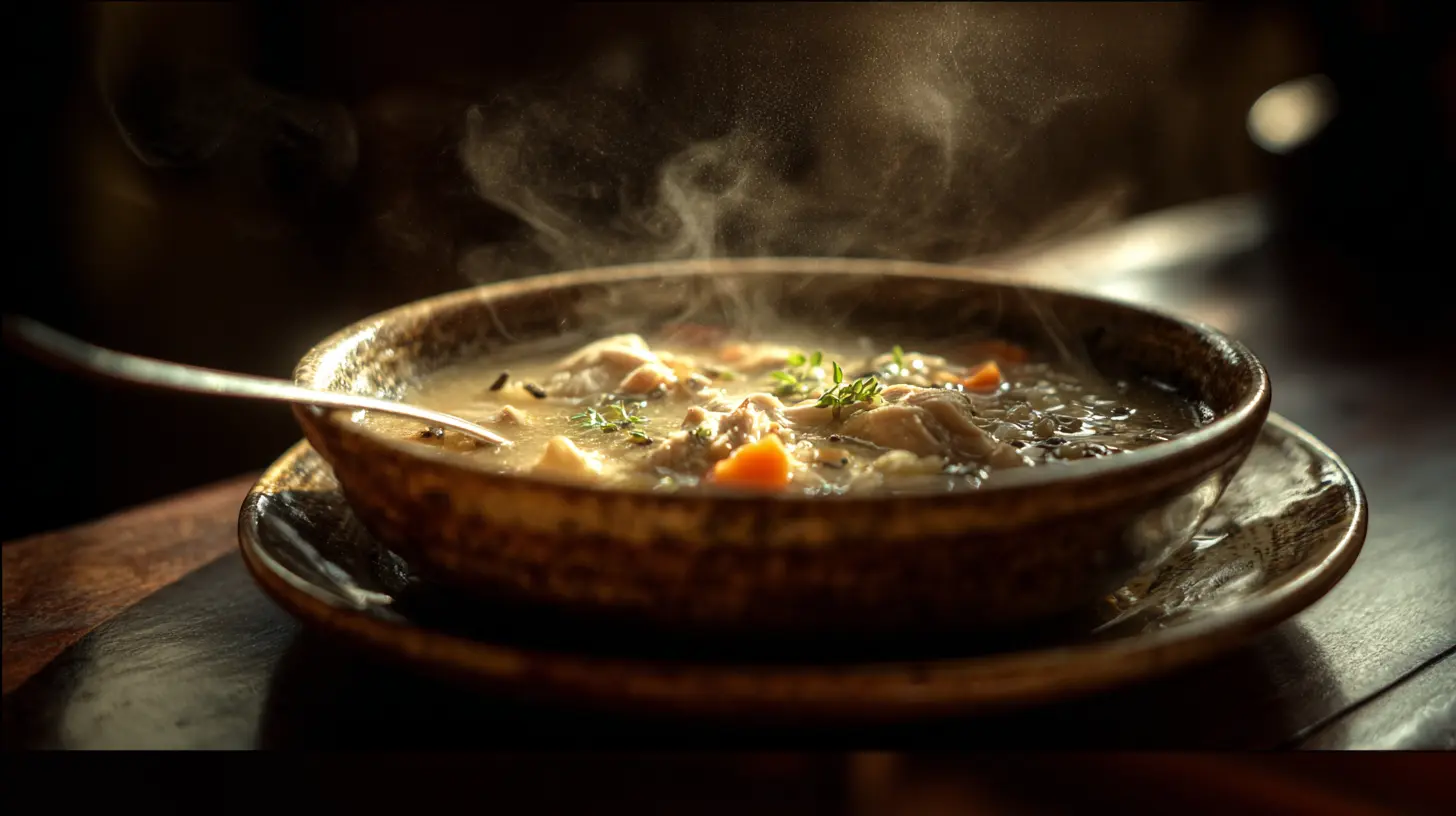 A bowl of slow cooker chicken and wild rice soup with fresh herbs