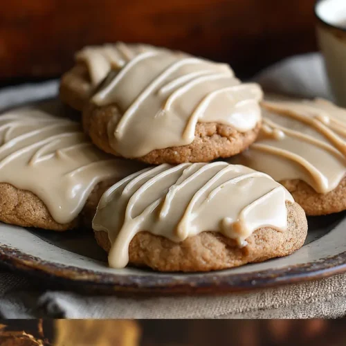 Close-up of soft maple cookies with a dollop of brown butter icing on each