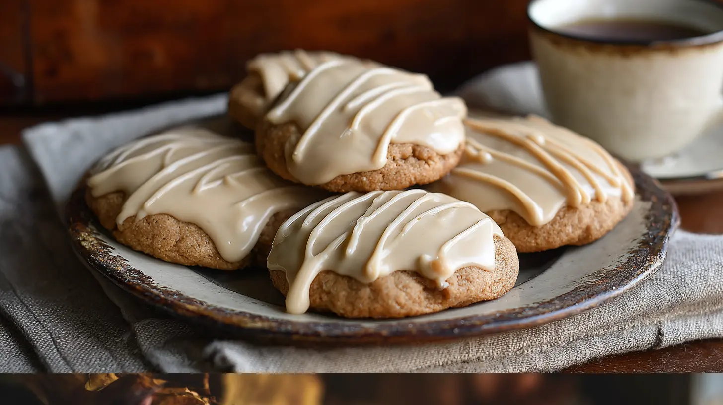 Close-up of soft maple cookies with a dollop of brown butter icing on each