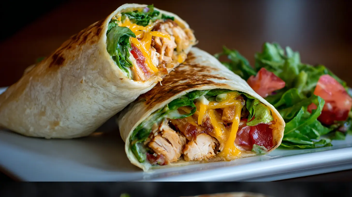 A freshly prepared Southwest Chicken Wrap, showing its vibrant fillings.