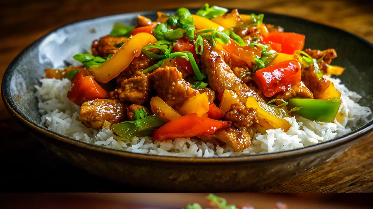 A plate of spicy bell pepper chicken, stir-fried to perfection with colorful vegetables.