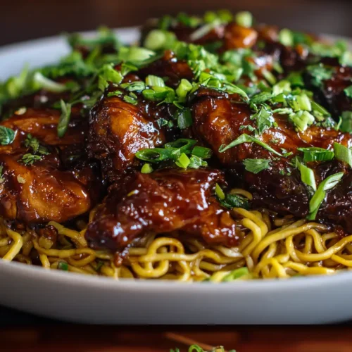 A serving of sticky garlic chicken noodles garnished with green onions