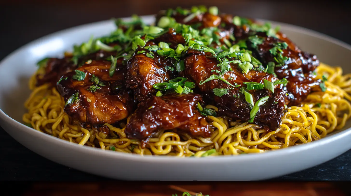 A serving of sticky garlic chicken noodles garnished with green onions