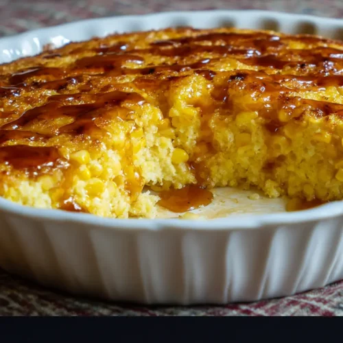 A serving of Sweet Harmony Honey Glazed Corn Casserole in a baking dish