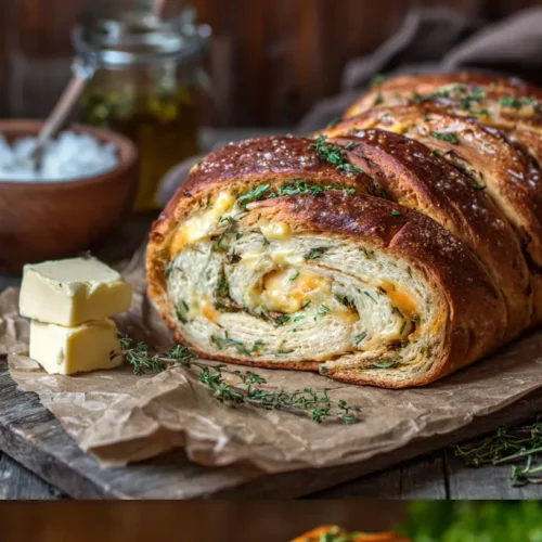A freshly baked loaf of swirled garlic herb and cheese bread showing flaky layers.