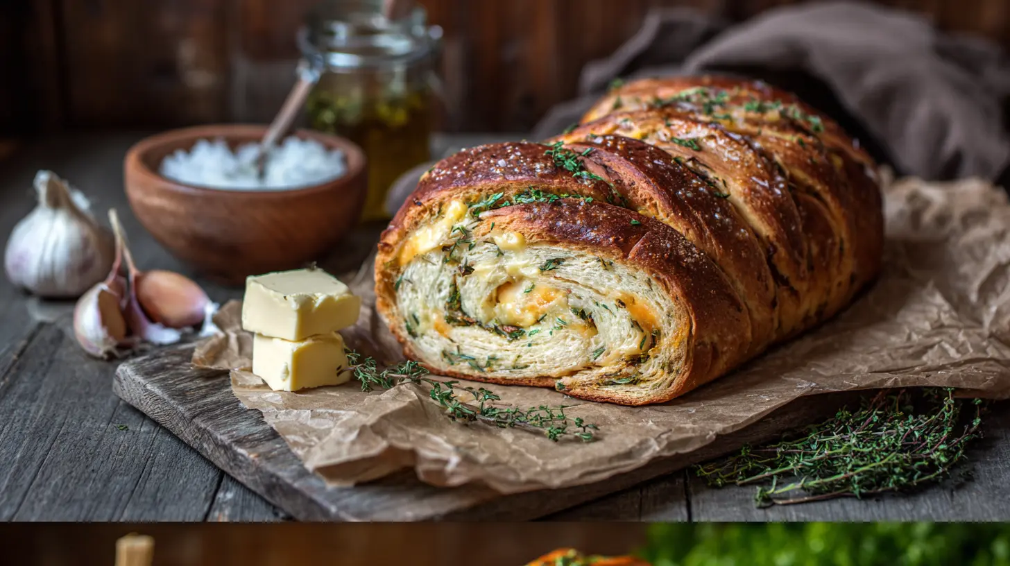 A freshly baked loaf of swirled garlic herb and cheese bread showing flaky layers.