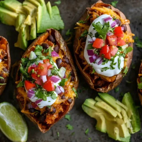 Close-up of a baked sweet potato stuffed with seasoned taco meat and toppings.