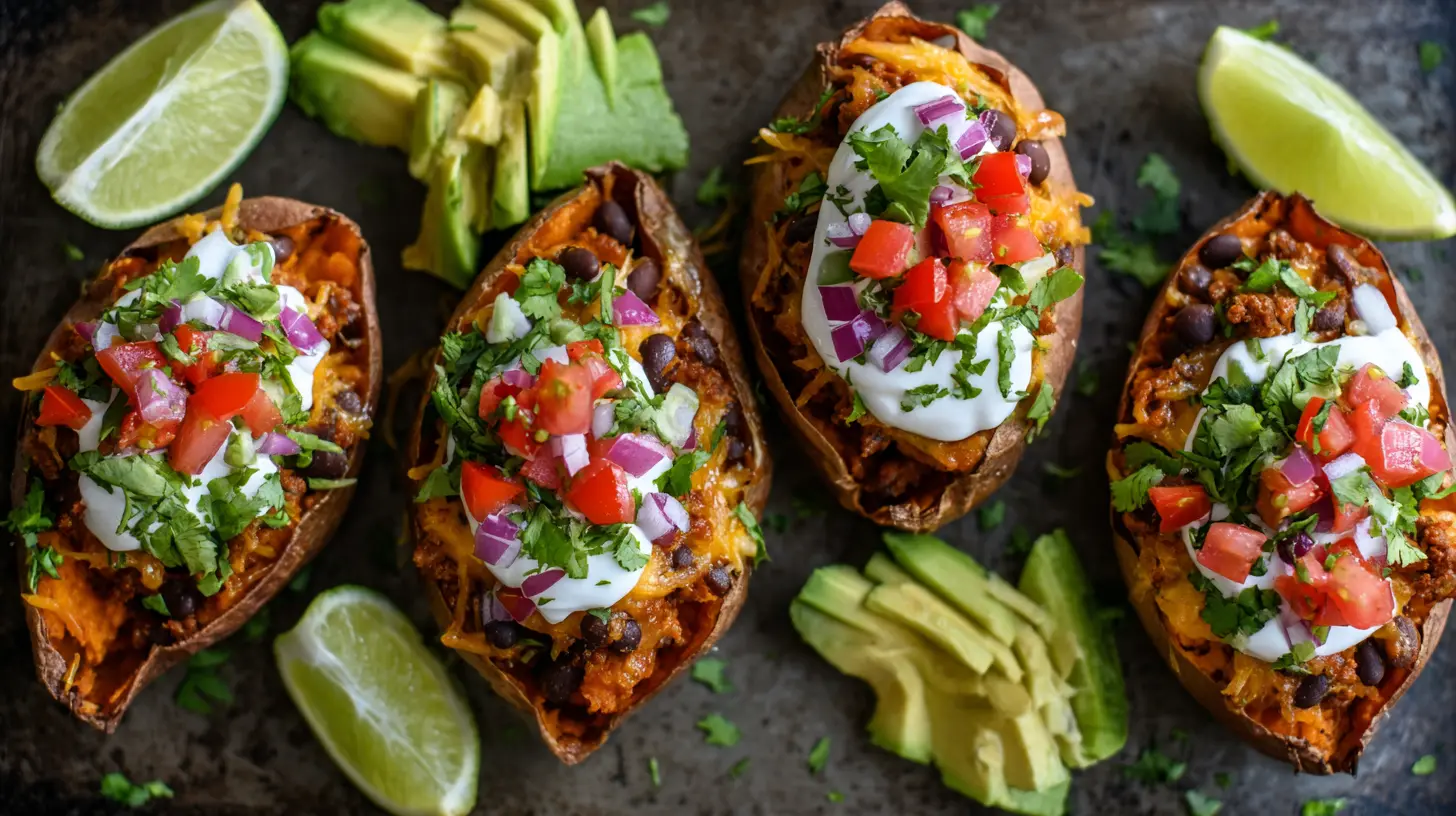 Close-up of a baked sweet potato stuffed with seasoned taco meat and toppings.