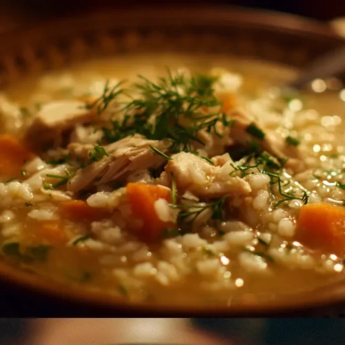 A bowl of warm chicken and rice soup, ready to be enjoyed.