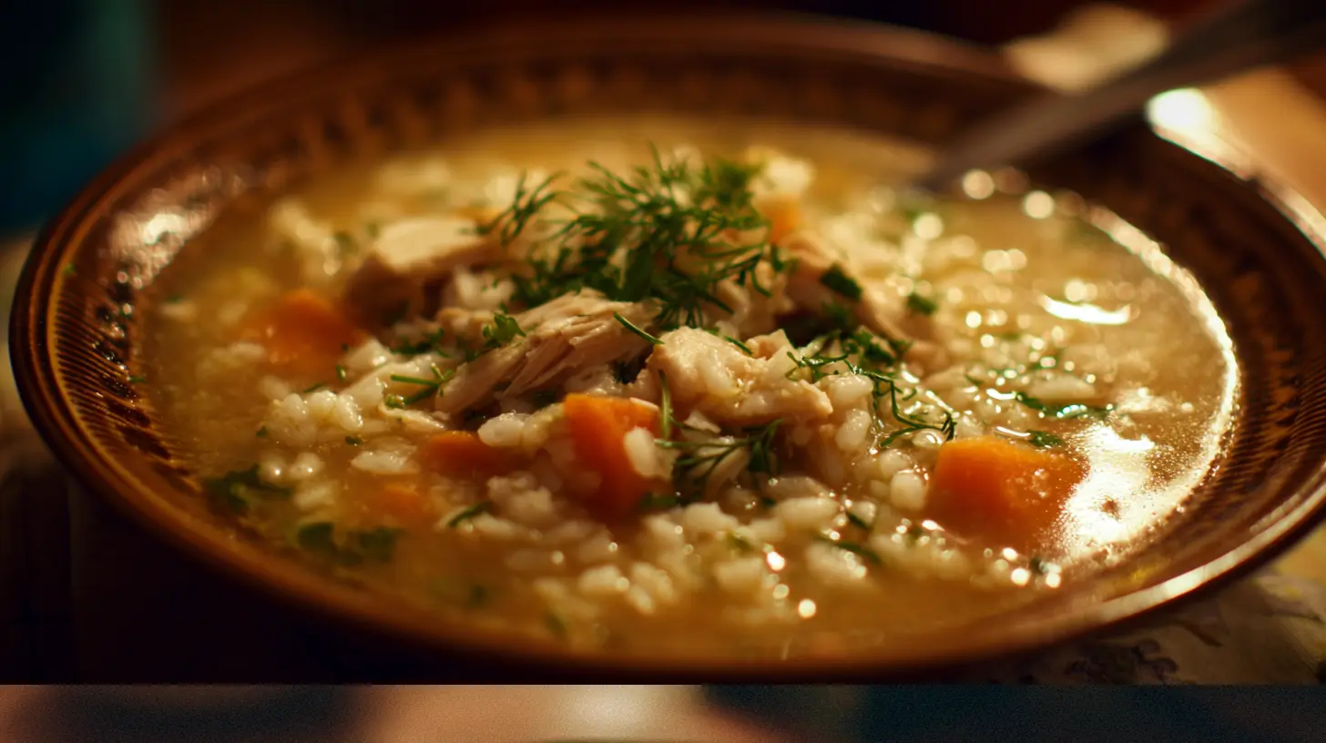 A bowl of warm chicken and rice soup, ready to be enjoyed.