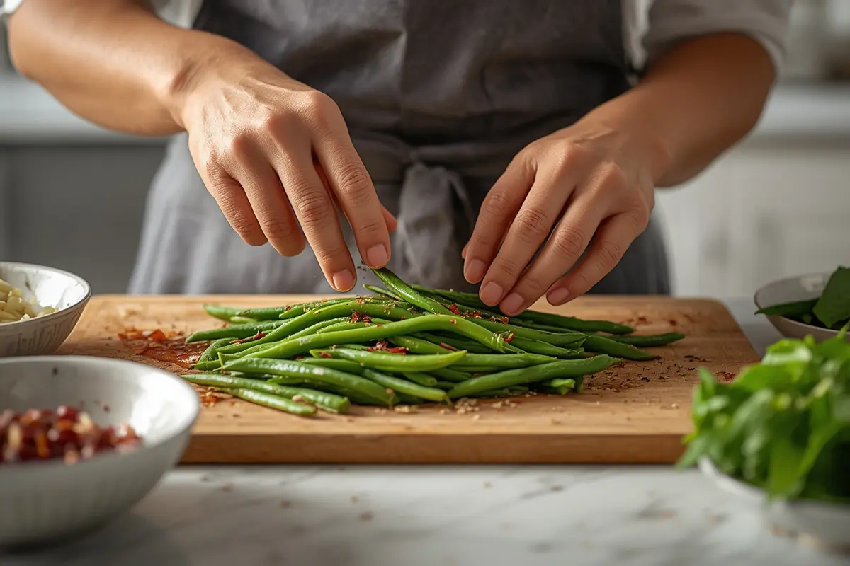 Close-up of perfectly cooked Miso Green Beans