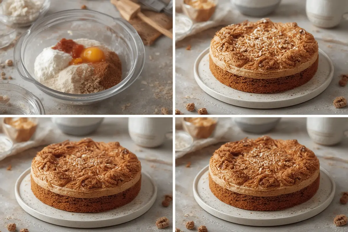 Biscoff cake layers with frosting being applied
