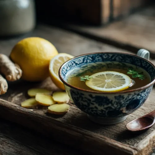 A hot bowl of anti-inflammatory miso ginger broth with sliced lemon and herbs.