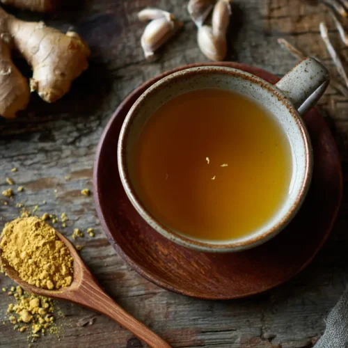 A warm bowl of anti-inflammatory miso ginger broth with green onions and tofu.