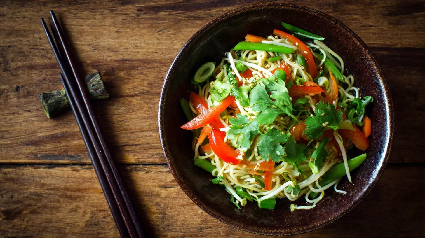 A vibrant Asian Noodle Salad with Ginger-Lime Dressing in a ceramic bowl.