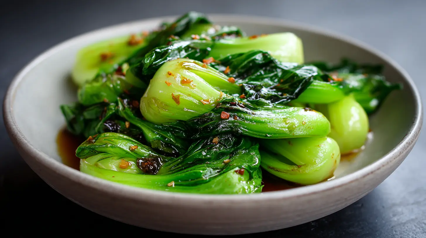 Freshly cooked baby bok choy with soy sauce and minced garlic