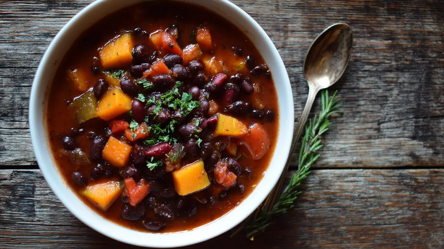 A bowl of rich black bean and squash stew with vibrant spices
