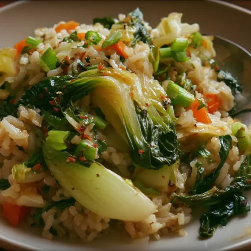 A steaming bowl of bok choy fried rice, garnished with green onions.
