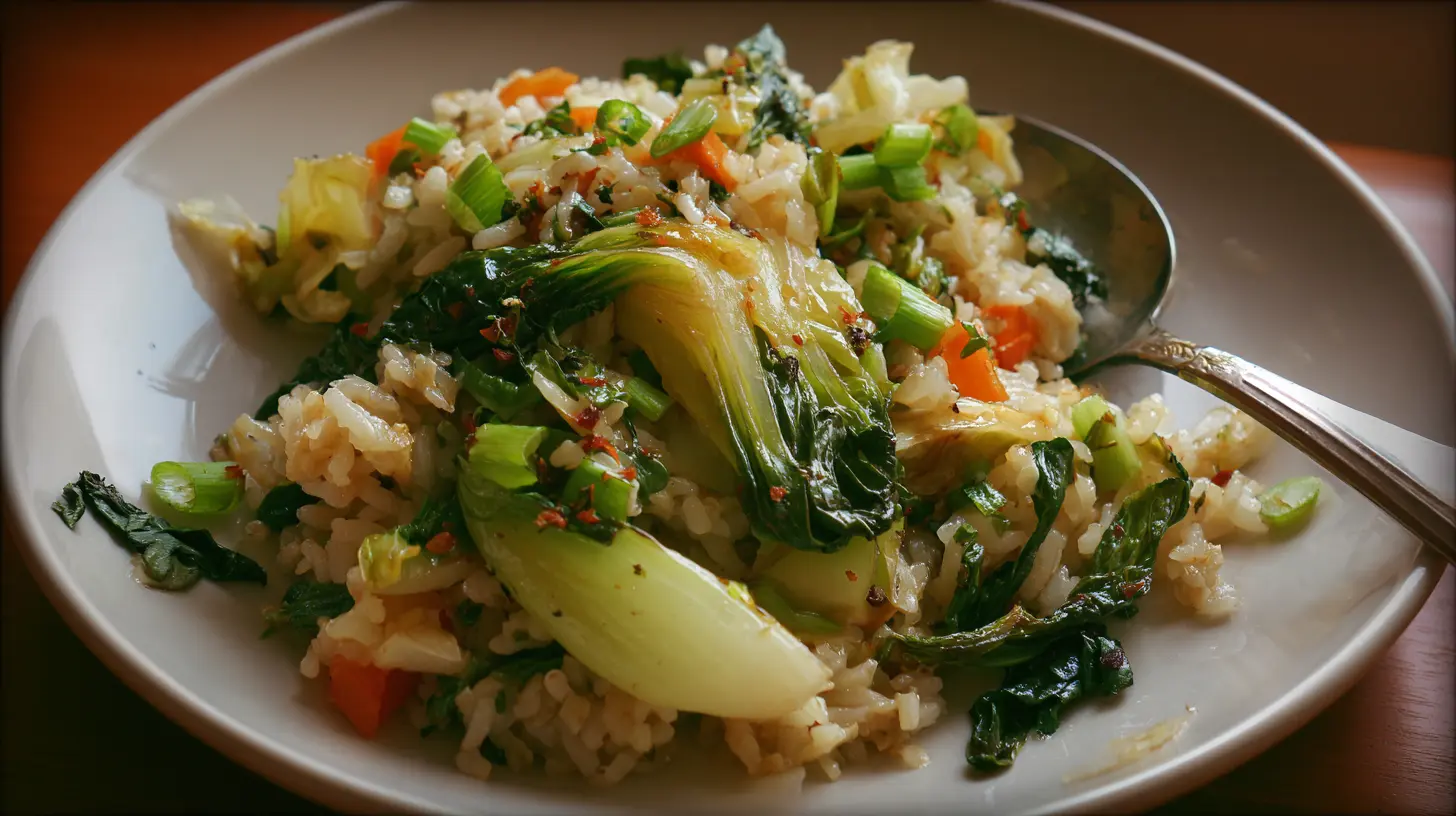 A steaming bowl of bok choy fried rice, garnished with green onions.
