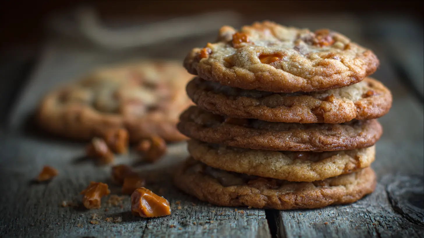 Freshly baked butter toffee chip cookies on a cooling rack.