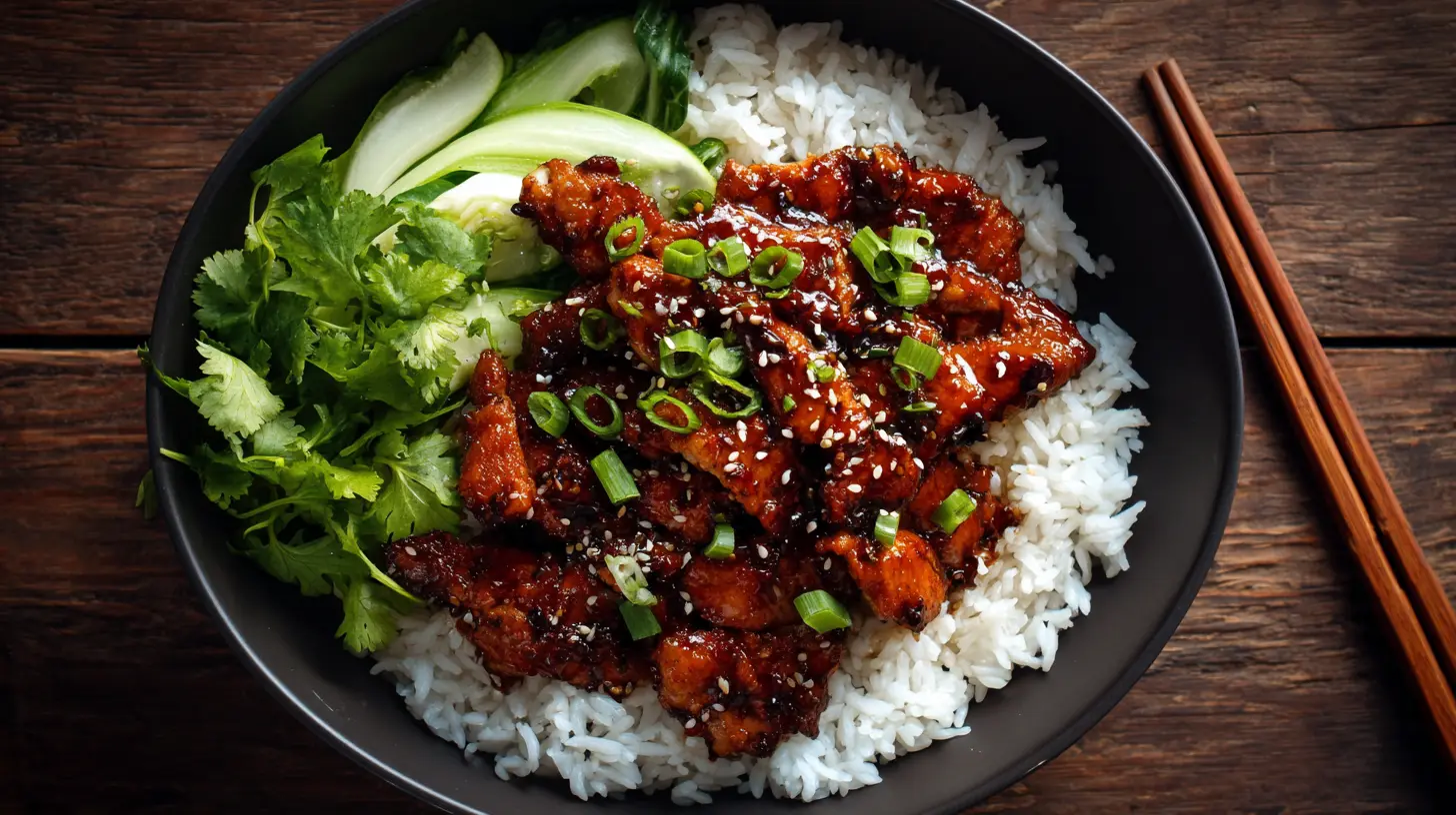 A close-up of caramelized soy chicken, glistening with sauce.