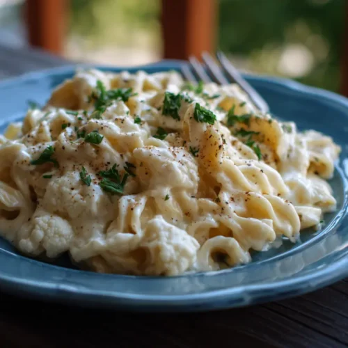 A bowl of Cauliflower Alfredo (no Heavy Cream) garnished with fresh parsley.