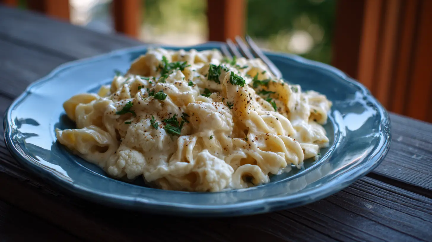A bowl of Cauliflower Alfredo (no Heavy Cream) garnished with fresh parsley.